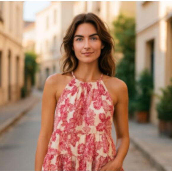 Old Navy Tank Top Womens XL Pink Red Floral Print Halter Tiered Peasant Boho - Picture 1 of 12